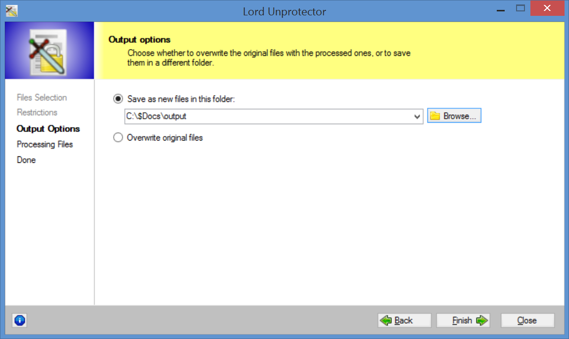 Screenshot of Lord Unprotector output options page