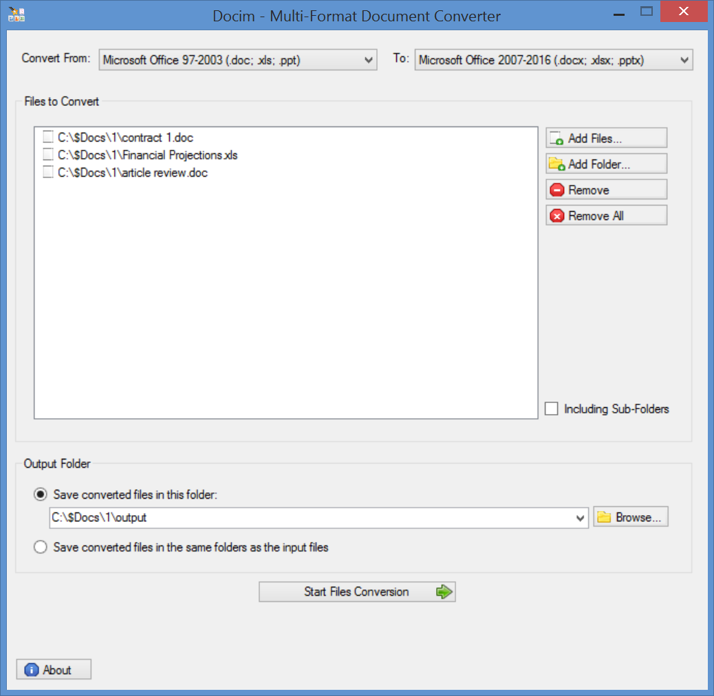 Screenshot of Docim, the batch multi-format document converter