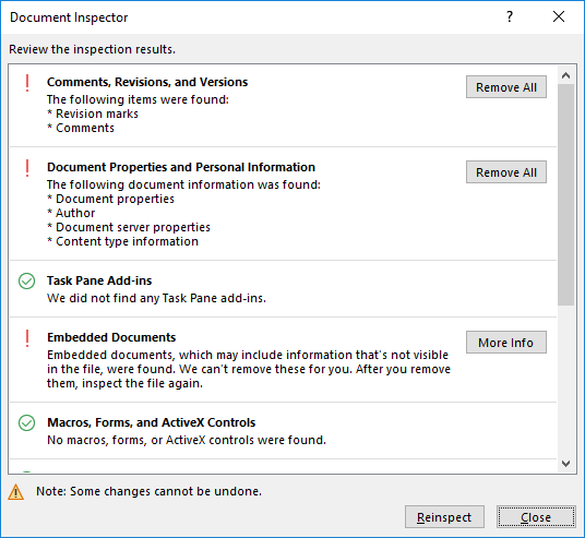 Document Inspection Resutls in Word 2024