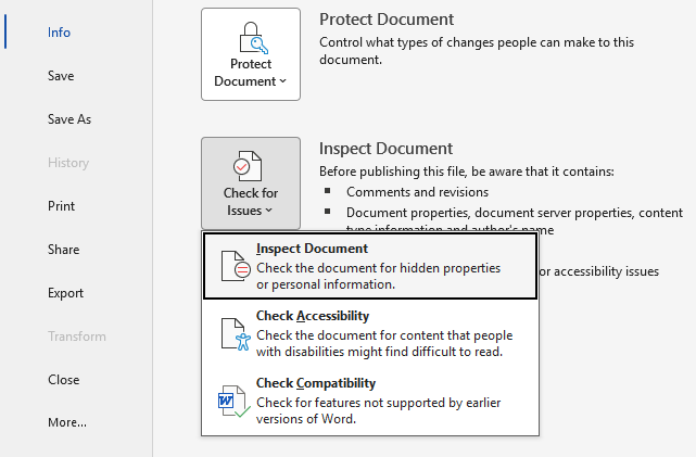 Inspect Document in Word 2024