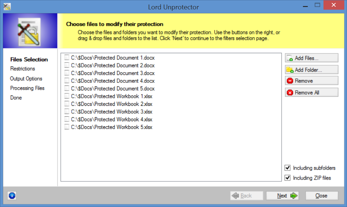 Screenshot of Lord Unprotector, the batch word & excel protection removal tool