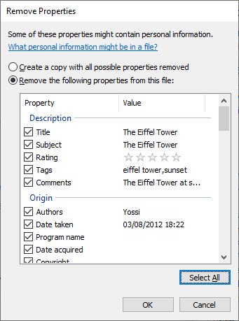 Screenshot of Remove Properties and Personal Information