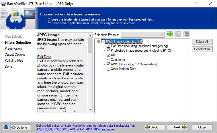 Using BatchPurifier LITE to remove hidden data and metadata from JPEG files