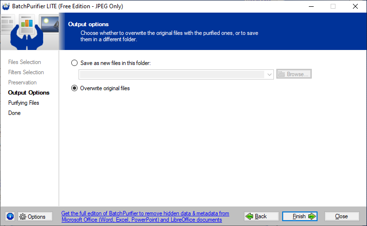 Screenshot of BatchPurifier LITE output options page