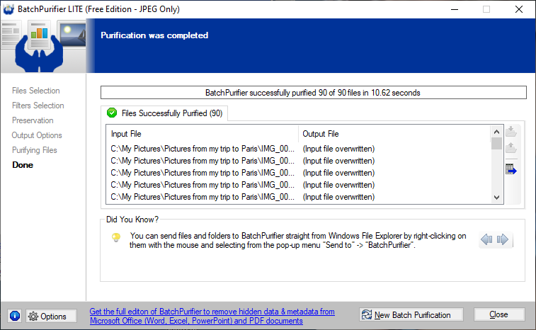 Screenshot of BatchPurifier LITE completed page