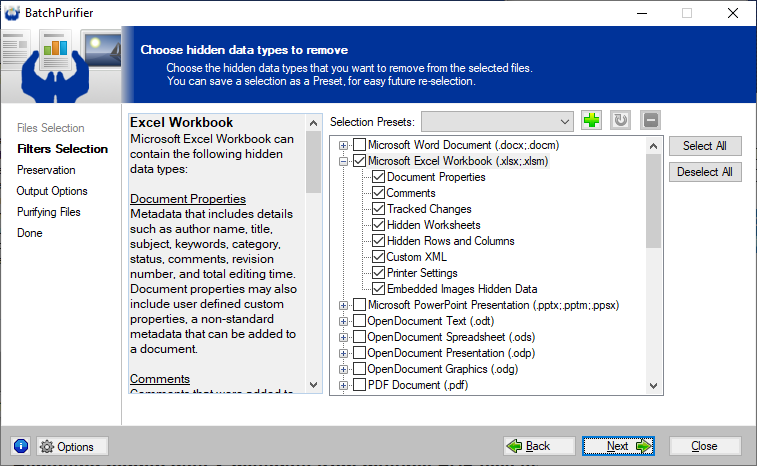 Using BatchPurifier to remove hidden data and metadata from Excel files