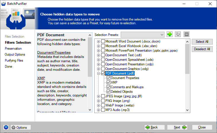 Using BatchPurifier to remove hidden data and metadata from PDF files