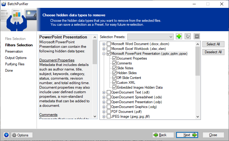 Using BatchPurifier to remove hidden data and metadata from PowerPoint files