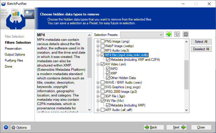 Using BatchPurifier to remove hidden data and metadata from video files