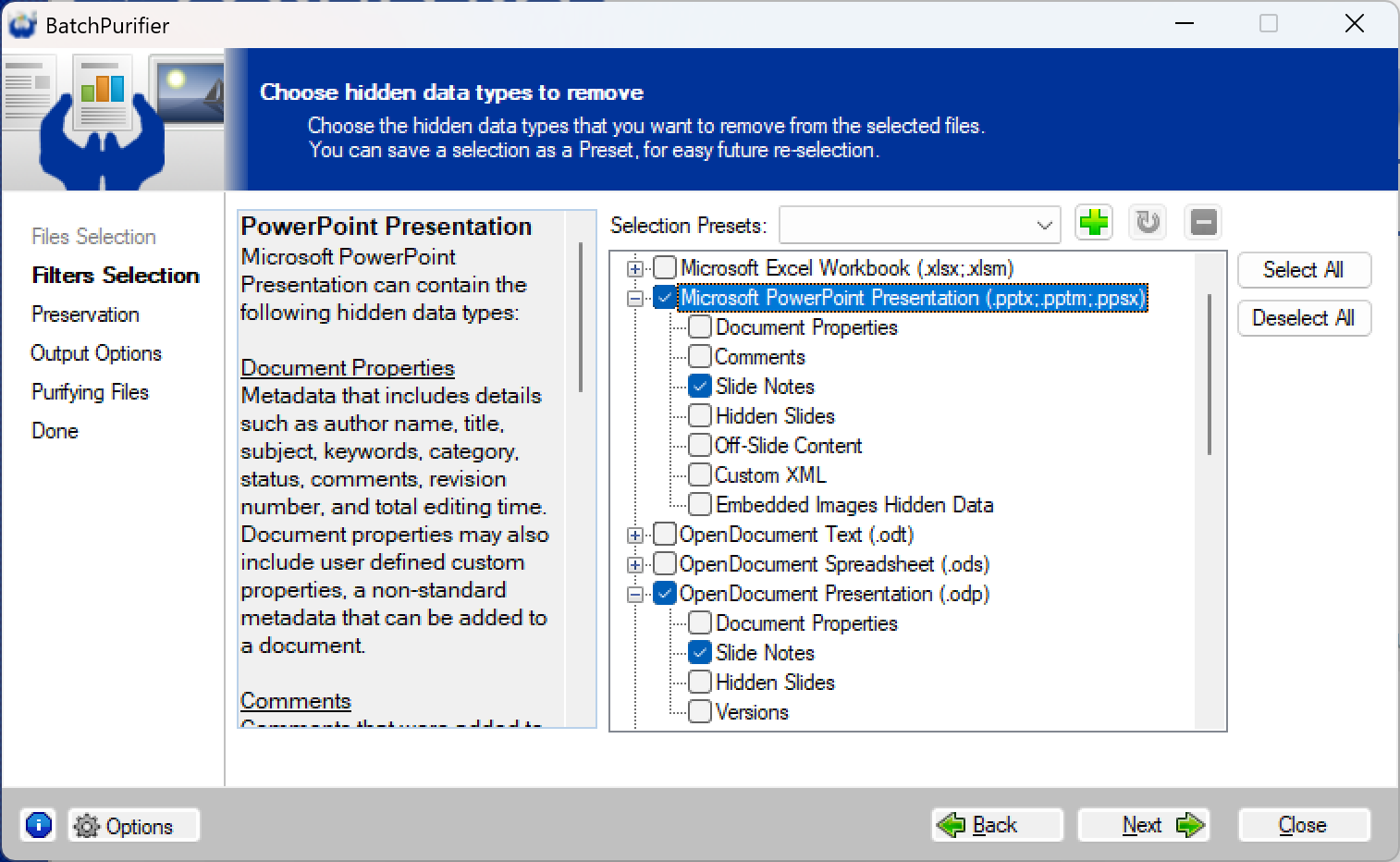 Using BatchPurifier to remove remove slide notes from multiple files