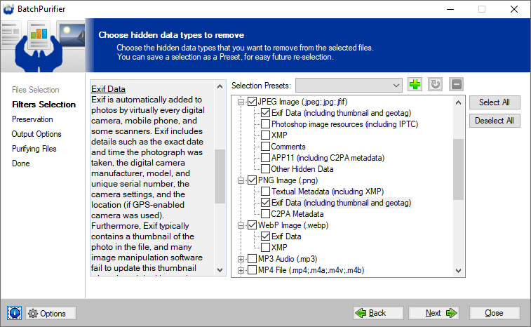 Using BatchPurifier to remove Exif data from multiple image files