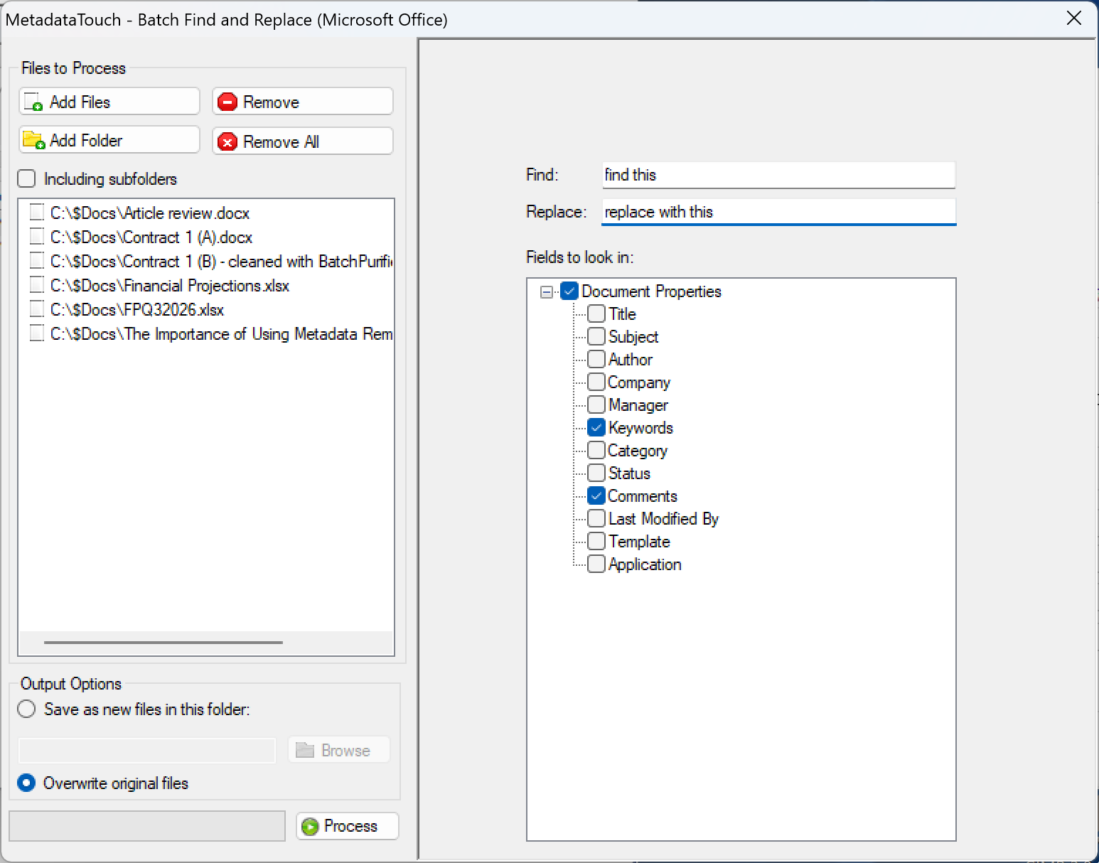Using MetadataTouch Professional Edition to find and replace document properties in a multiple Microsoft Office files in batch