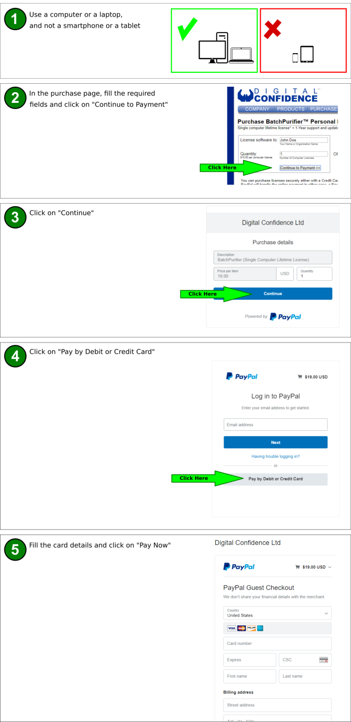Instructions for paying with a Debit or a Credit Card without a PayPal account